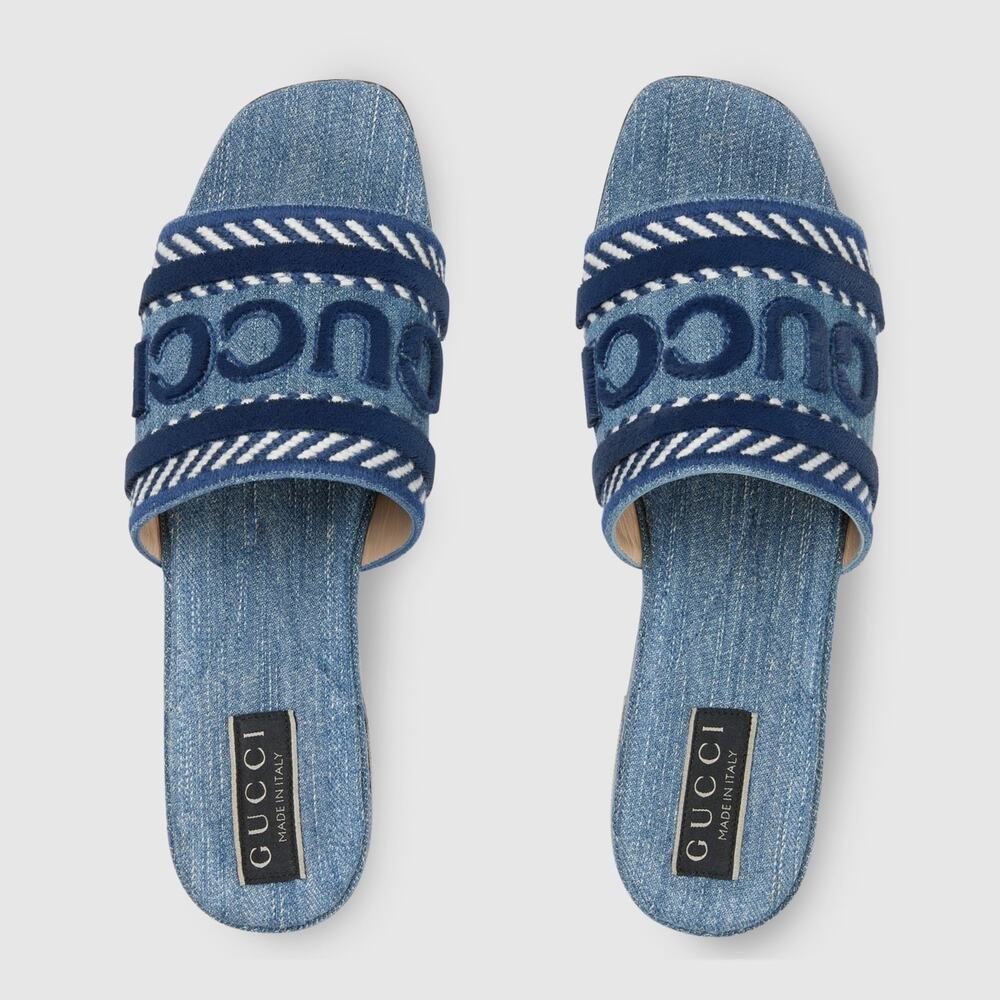 Gucci Jane Light Blue Denim Velvet Logo Mule Flat Slide Slip On Sandal 37 - Picture 9 of 16
